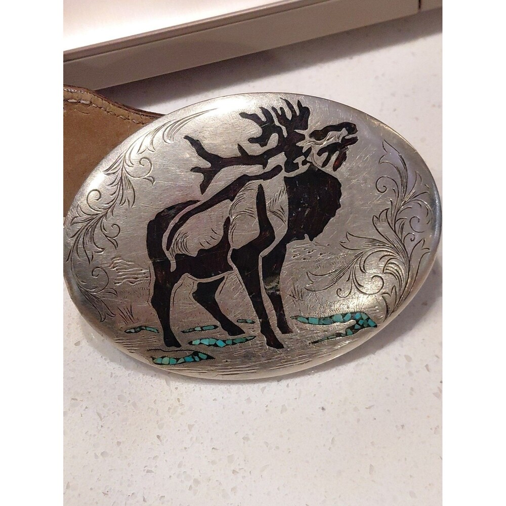 Elk Belt Buckle Turquoise 4”x3”x1.75 Belt Oval with Carved Leather Belt